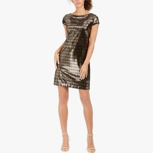 Vince Camuto Black and Gold Metallic Pattern Short Sleeve Shift Dress Size 2 EUC